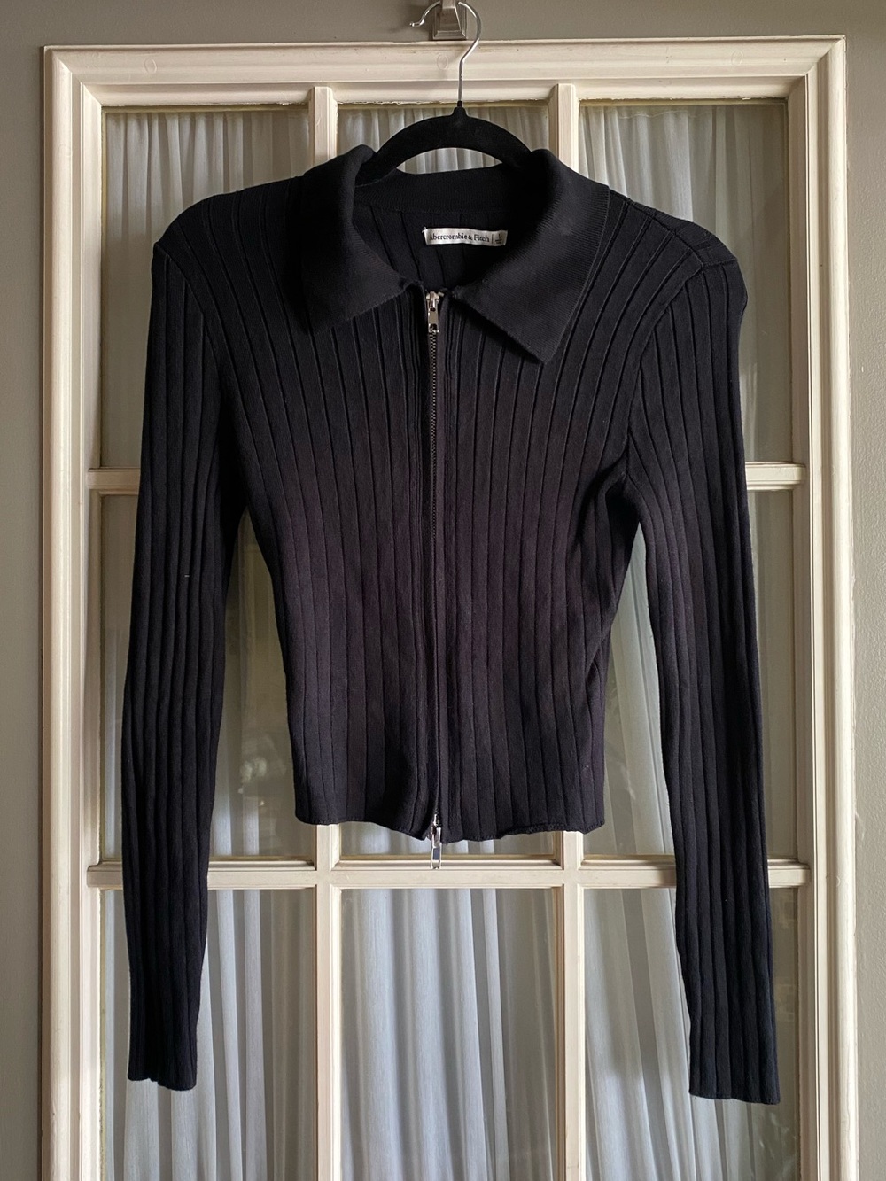 Abercrombie & Fitch Black Ribbed Zip-Front Long Sleeve Top